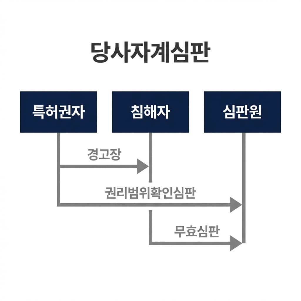 당사자계심판 절차도 - 특허권자, 침해자, 심판원 간 흐름
